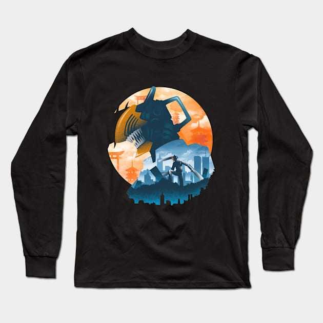 Ukiyo e Chainsaw Cityscape Long Sleeve T-Shirt by rioaditama